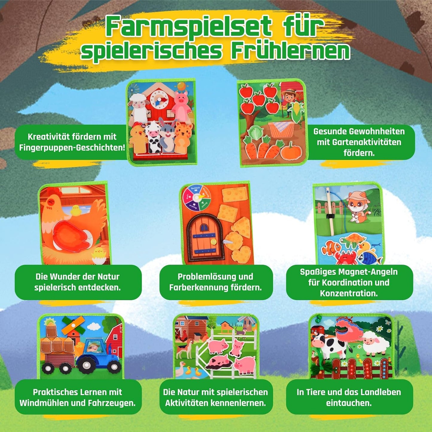 Tableau d'activités Montessori en feutre à 9 pages – Livre d'apprentissage dès 1 an