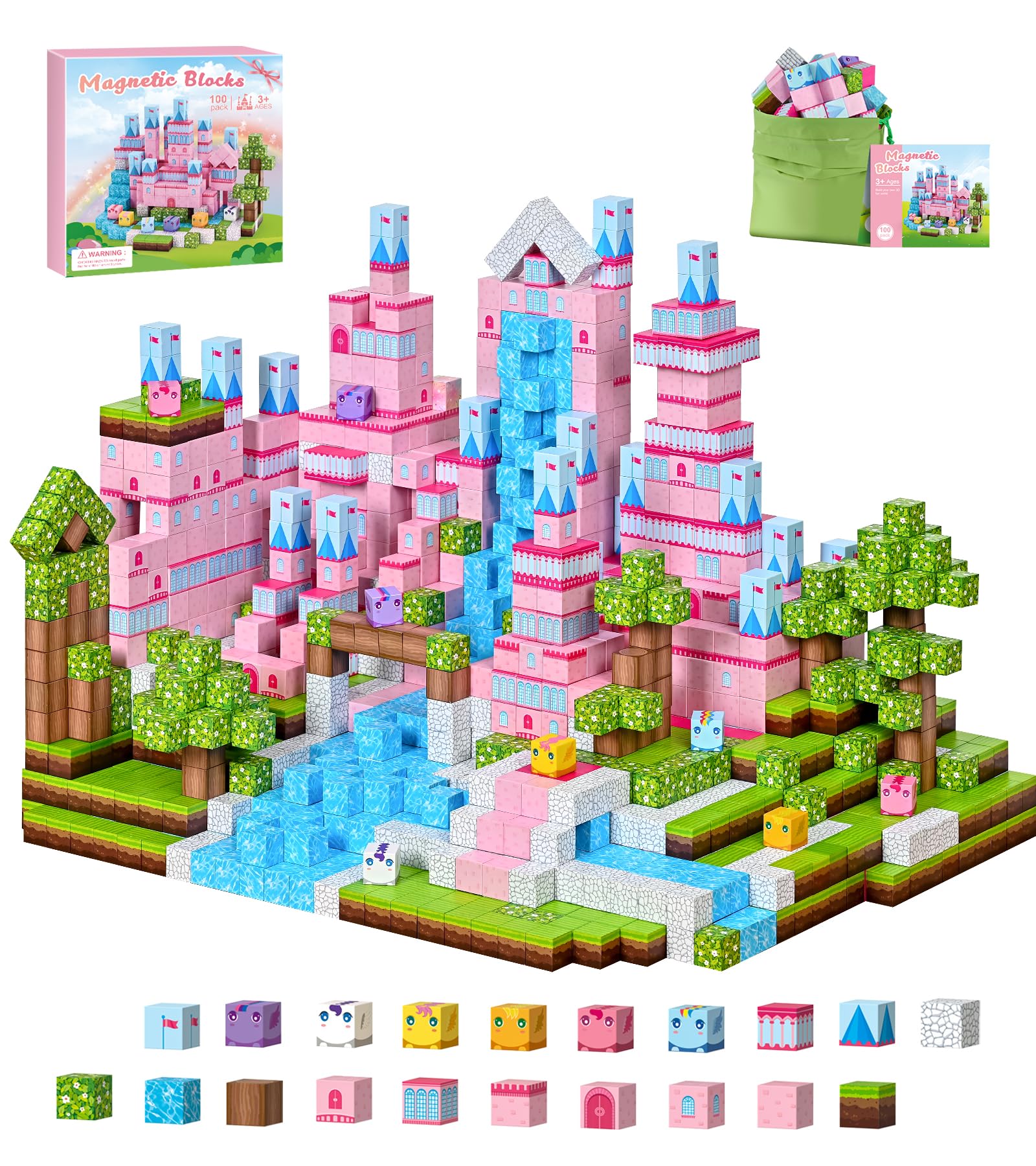 PINKCAT Magnetische Bausteine, Rosa Schloss Magnete Bausteine Spielset, Magnetischer Spielzeugbaustein für Jungen und Mädchen, Montessori Spielzeug ab 3 Jahren Geschenk für Kinder (100 Blöcke)