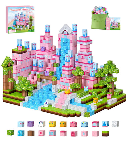 PINKCAT Magnetische Bausteine, Rosa Schloss Magnete Bausteine Spielset, Magnetischer Spielzeugbaustein für Jungen und Mädchen, Montessori Spielzeug ab 3 Jahren Geschenk für Kinder (100 Blöcke)