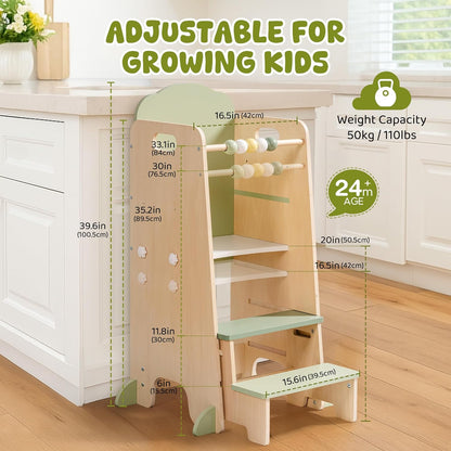 2-in-1 Lernturm aus Holz mit Kreidetafel & Tritthocker für Kinder