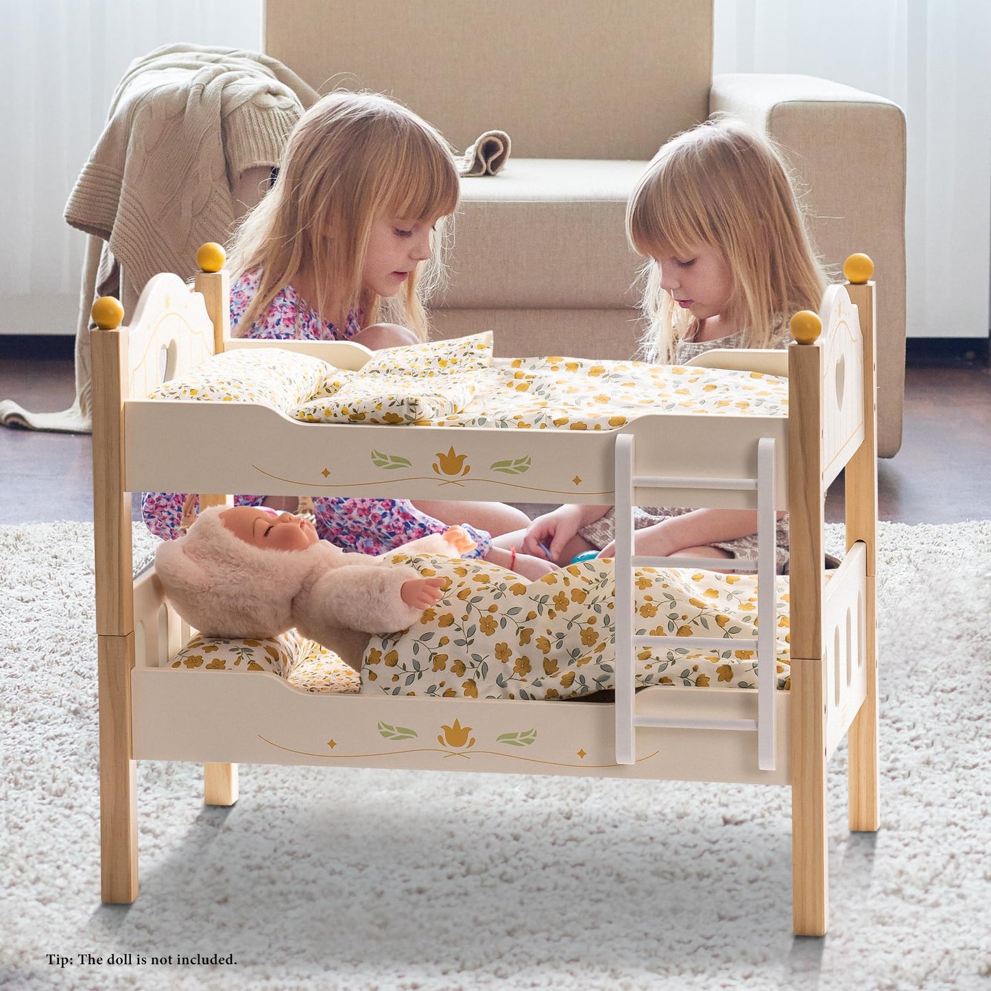Holz Puppenbett 2-in-1 Etagenbett für 43 cm Puppen mit Zubehör