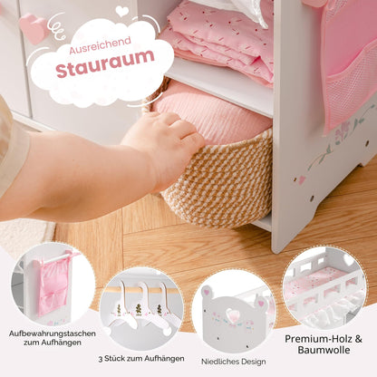 Puppenbett mit Kleiderschrank aus Holz – Spielmoebel fuer Puppen bis 55 cm