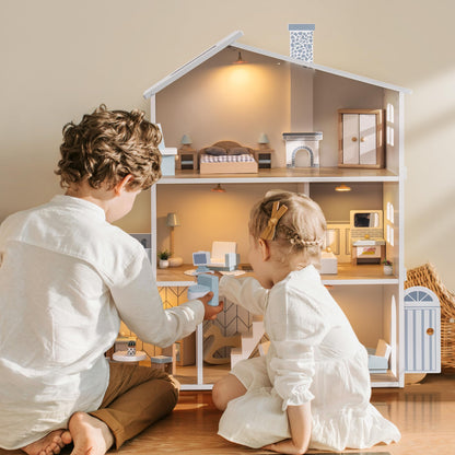 Holz Puppenhaus mit Möbeln, 3 Etagen und Beleuchtung für Kinder ab 3 Jahren