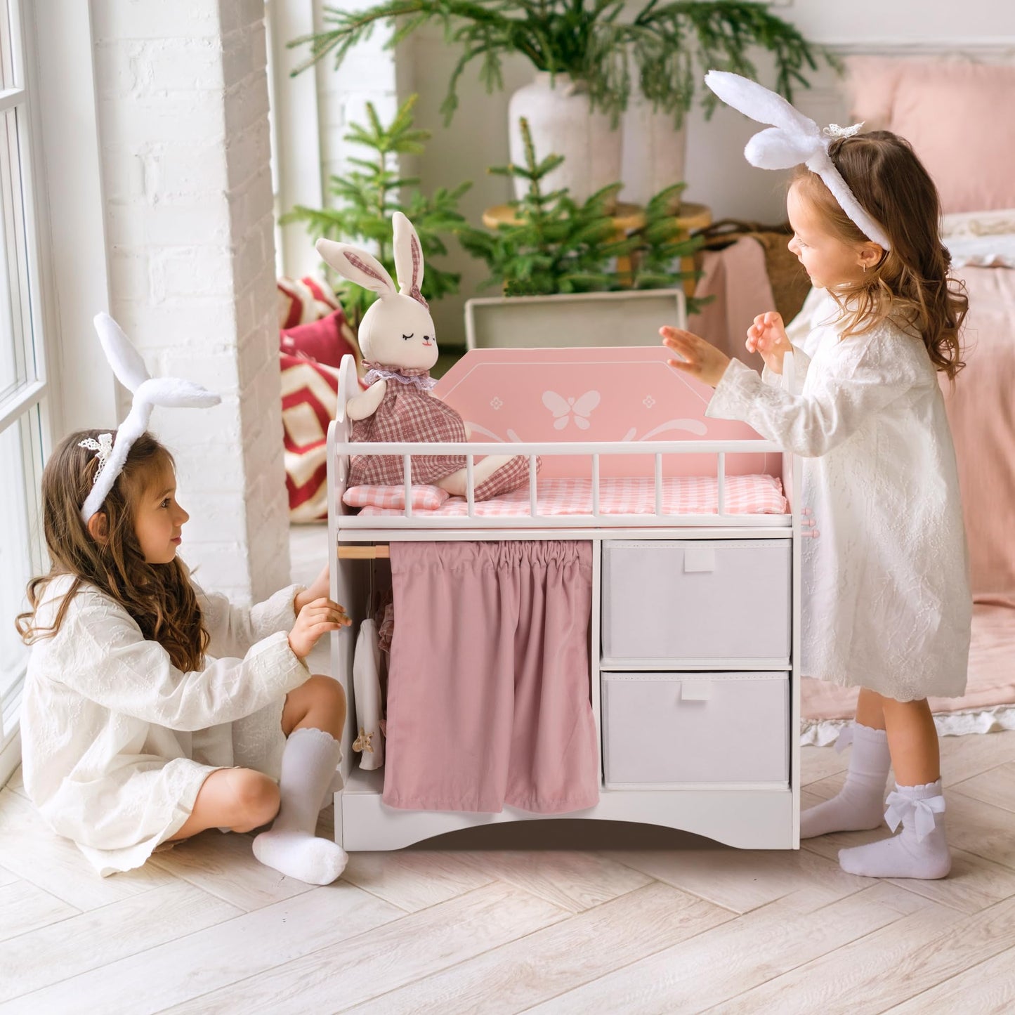 Holz Puppenbett mit Kleiderschrank
