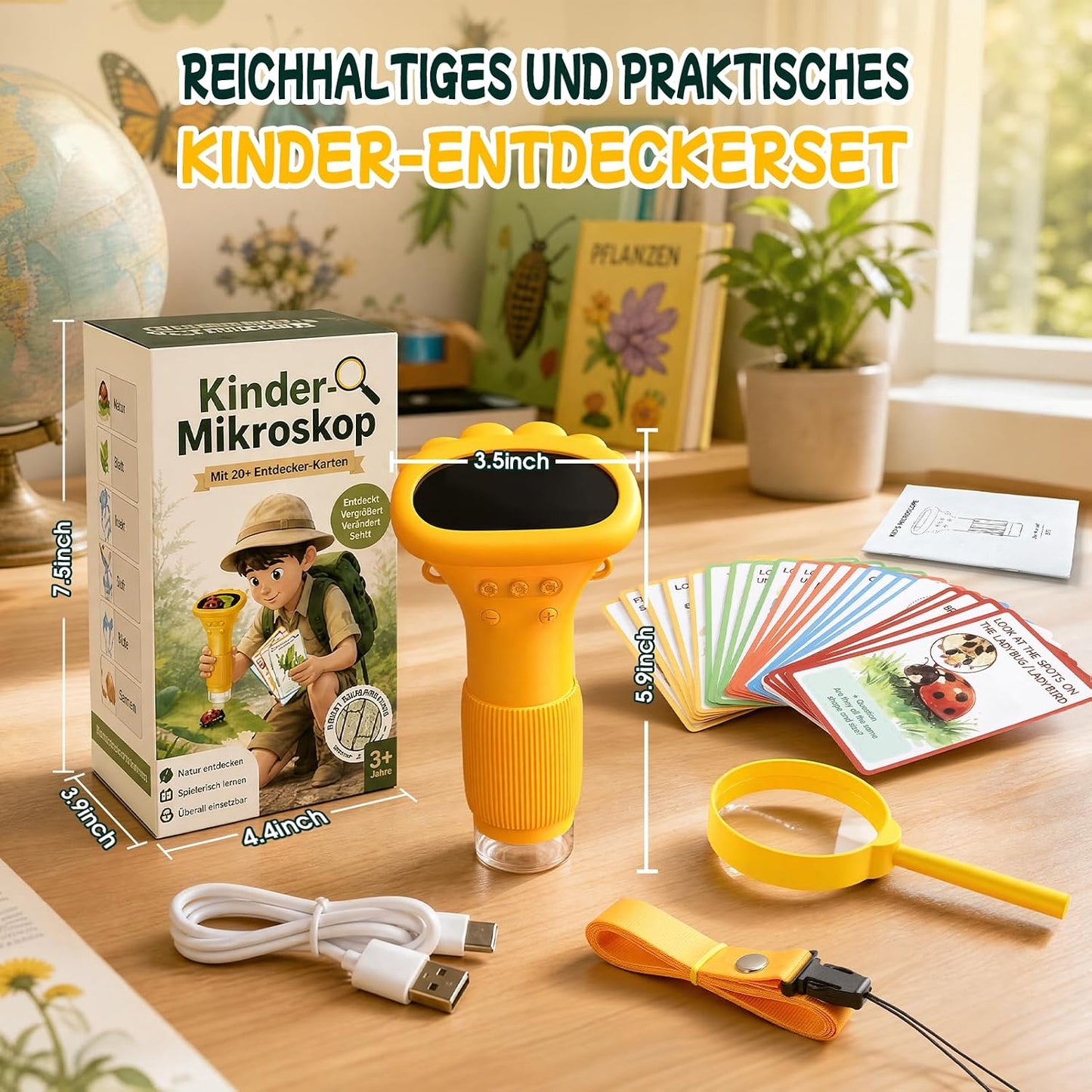 GeschenPark Digitales Mikroskop für Kinder mit 25 Entdeckerkarten, 1000X Vergrößerung, 2-Zoll-1080P-HD-Display, Spielzeug ab 3-12 Jahre Jungen Mädchen, Geschenk für Kinder