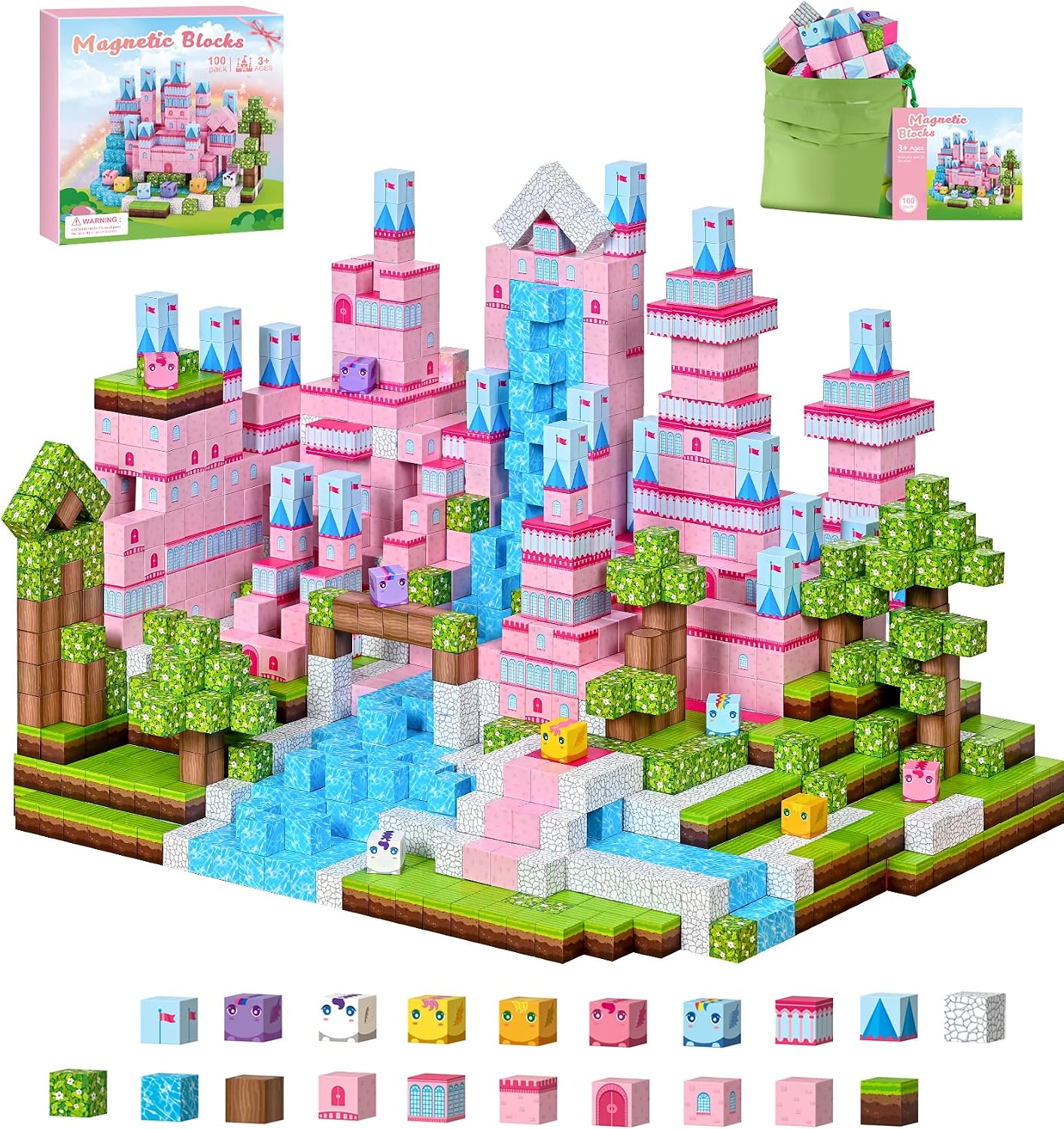 PINKCAT Magnetische Bausteine, Rosa Schloss Magnete Bausteine Spielset, Magnetischer Spielzeugbaustein für Jungen und Mädchen, Montessori Spielzeug ab 3 Jahren Geschenk für Kinder (100 Blöcke)