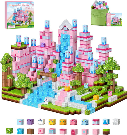 PINKCAT Magnetische Bausteine, Rosa Schloss Magnete Bausteine Spielset, Magnetischer Spielzeugbaustein für Jungen und Mädchen, Montessori Spielzeug ab 3 Jahren Geschenk für Kinder (100 Blöcke)