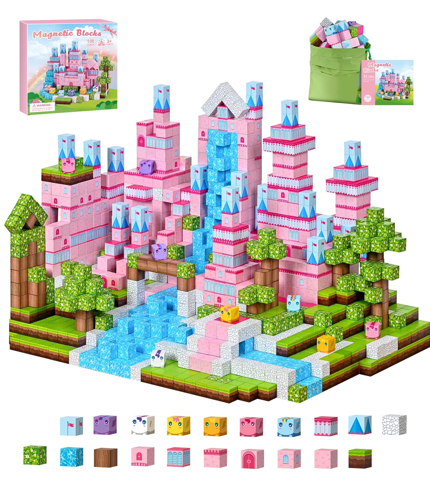 PINKCAT Magnetische Bausteine, Rosa Schloss Magnete Bausteine Spielset, Magnetischer Spielzeugbaustein für Jungen und Mädchen, Montessori Spielzeug ab 3 Jahren Geschenk für Kinder (100 Blöcke)