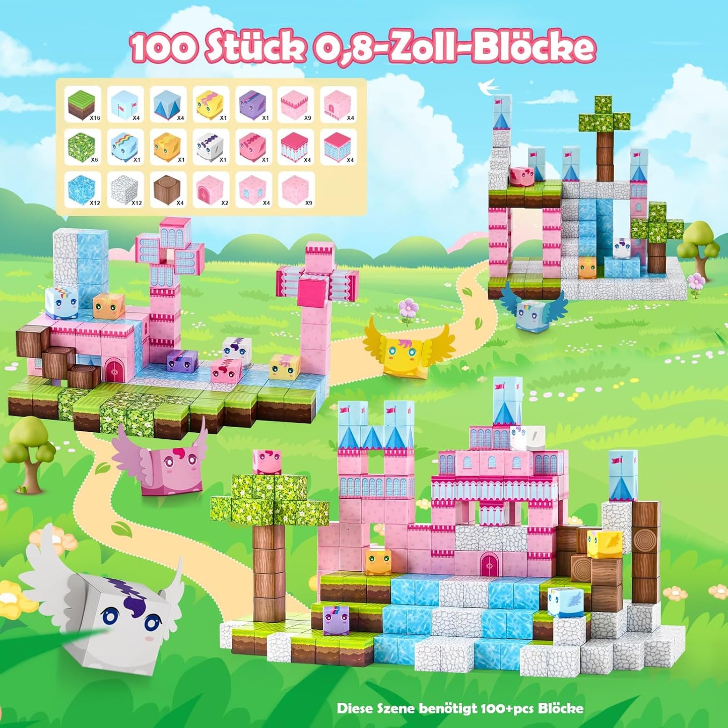PINKCAT Magnetische Bausteine, Rosa Schloss Magnete Bausteine Spielset, Magnetischer Spielzeugbaustein für Jungen und Mädchen, Montessori Spielzeug ab 3 Jahren Geschenk für Kinder (100 Blöcke)