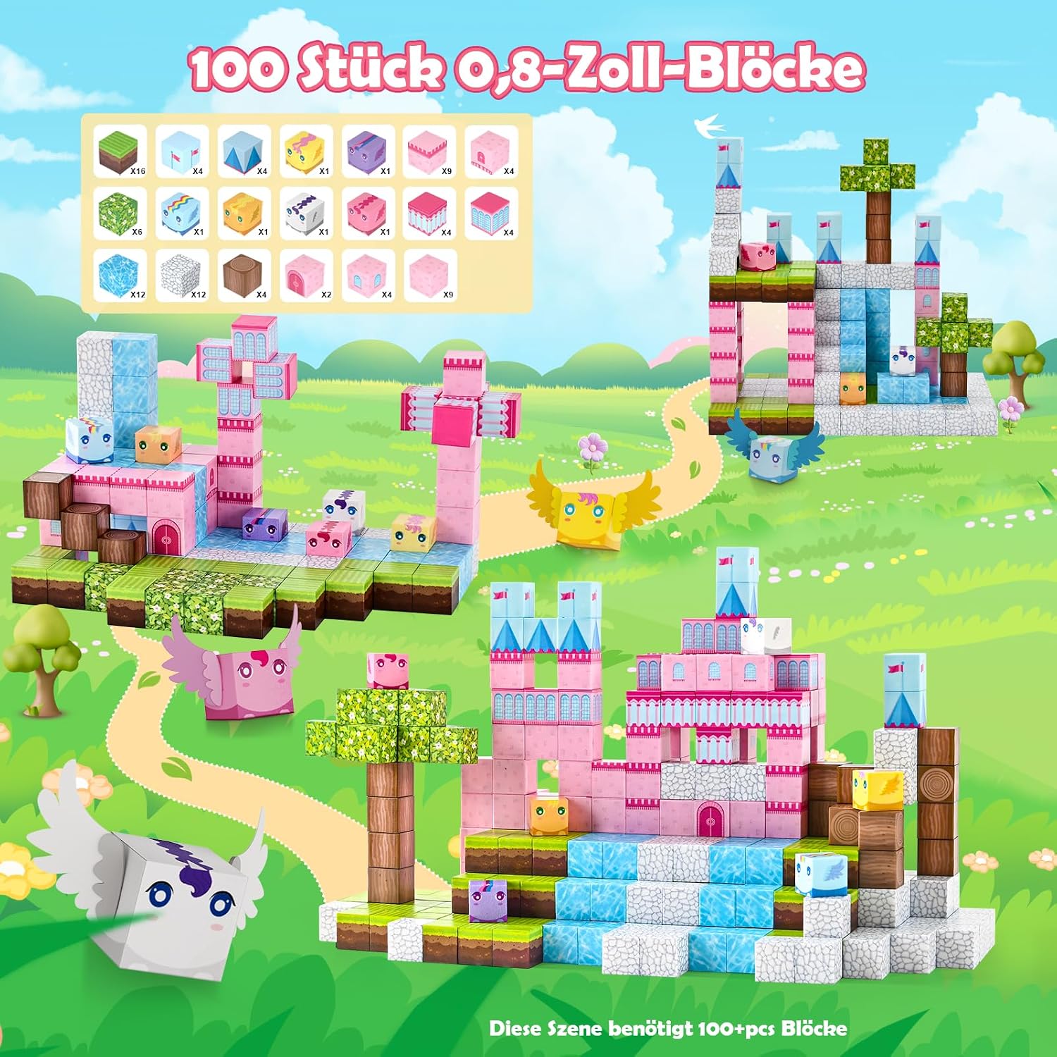 PINKCAT Magnetische Bausteine, Rosa Schloss Magnete Bausteine Spielset, Magnetischer Spielzeugbaustein für Jungen und Mädchen, Montessori Spielzeug ab 3 Jahren Geschenk für Kinder (100 Blöcke)