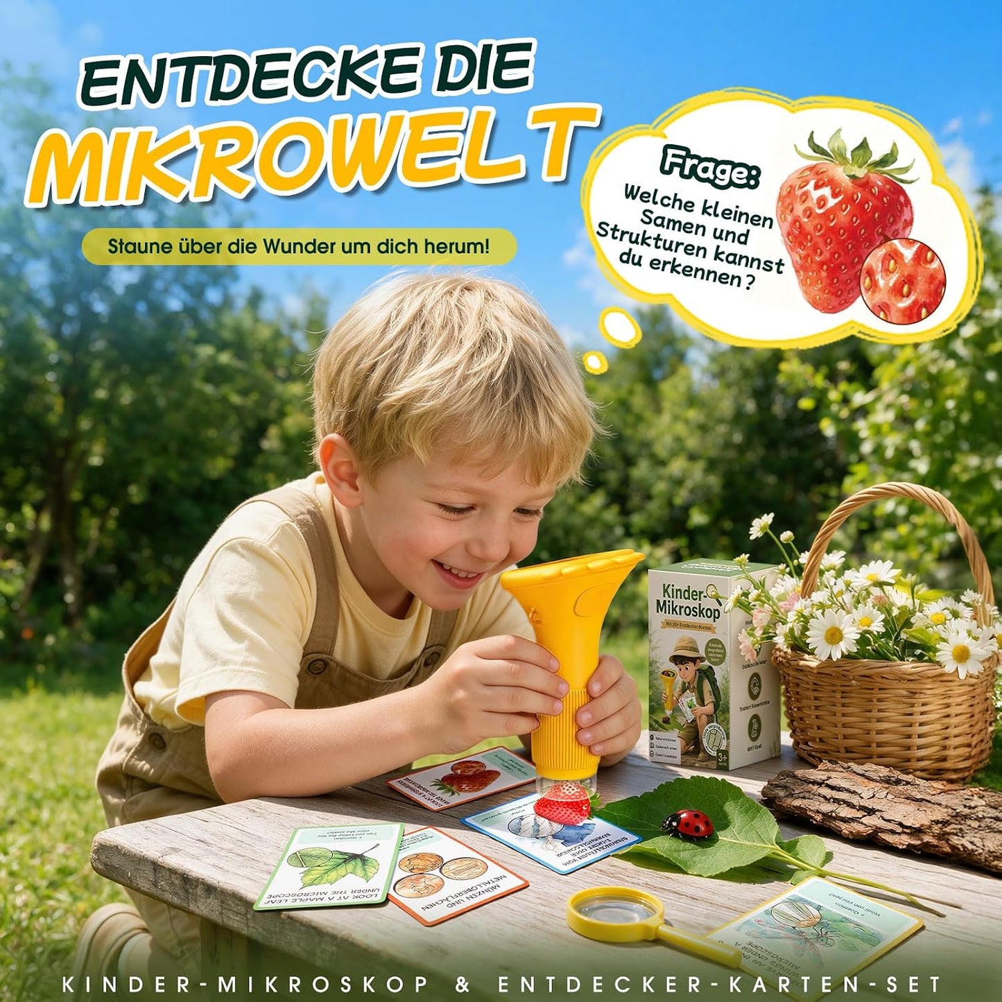GeschenPark Digitales Mikroskop für Kinder mit 25 Entdeckerkarten, 1000X Vergrößerung, 2-Zoll-1080P-HD-Display, Spielzeug ab 3-12 Jahre Jungen Mädchen, Geschenk für Kinder