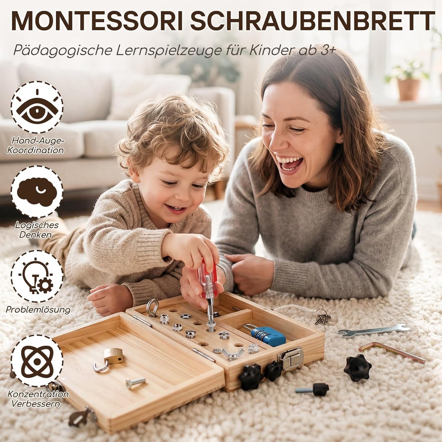Valise à outils en bois pour enfants – Jouet à visser Montessori à partir de 3 ans