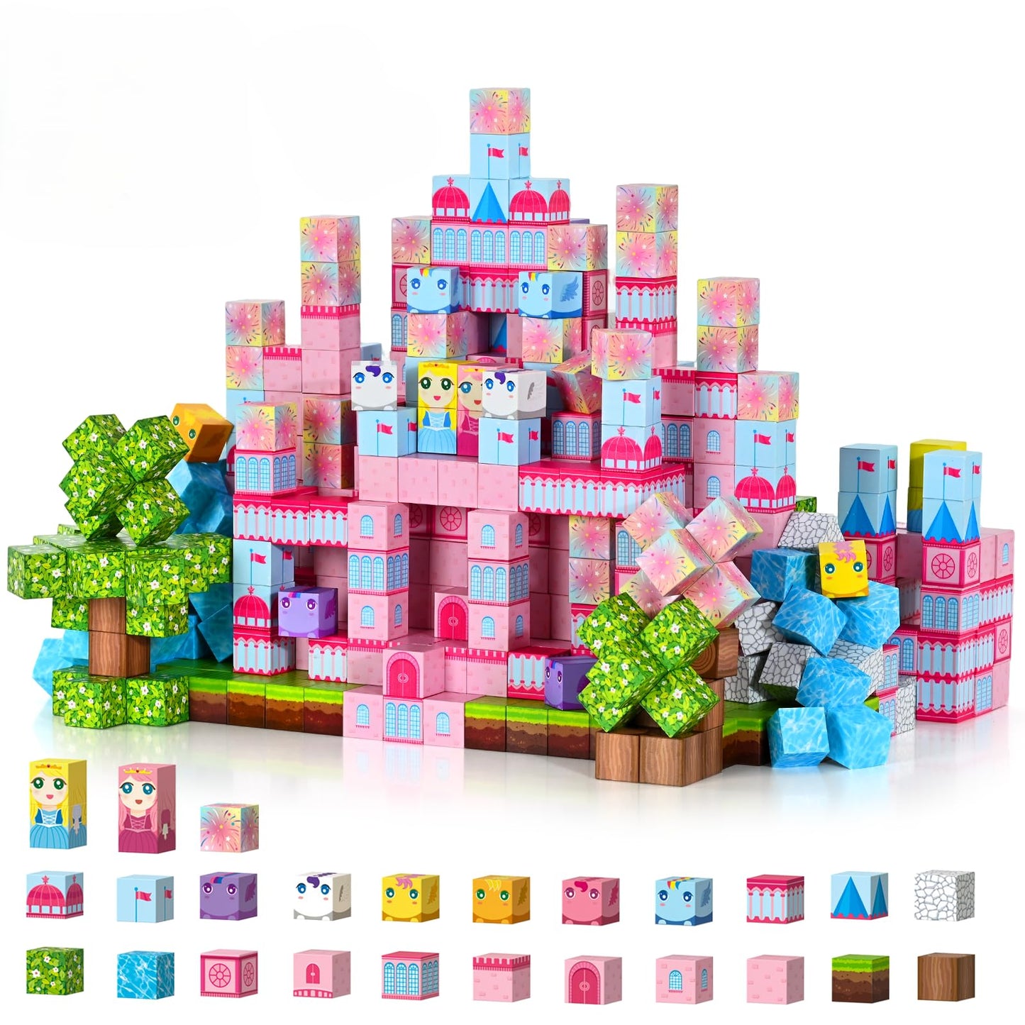 PINKCAT Magnetische Bausteine, Rosa Schloss Magnete Bausteine Spielset, Magnetischer Spielzeugbaustein für Jungen und Mädchen, Montessori Spielzeug ab 3 Jahren Geschenk für Kinder (100 Blöcke)