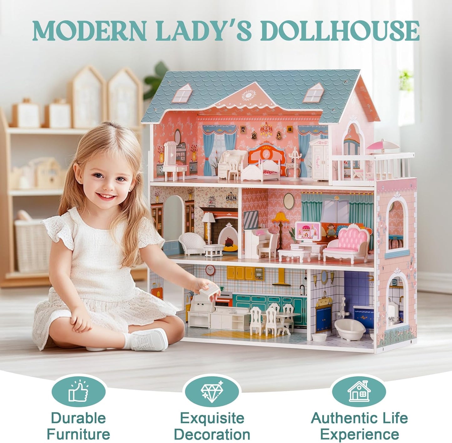 Maison de poupée princesse à 3 étages pour filles avec 28 meubles