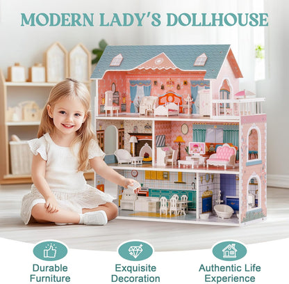 Maison de poupée princesse à 3 étages pour filles avec 28 meubles