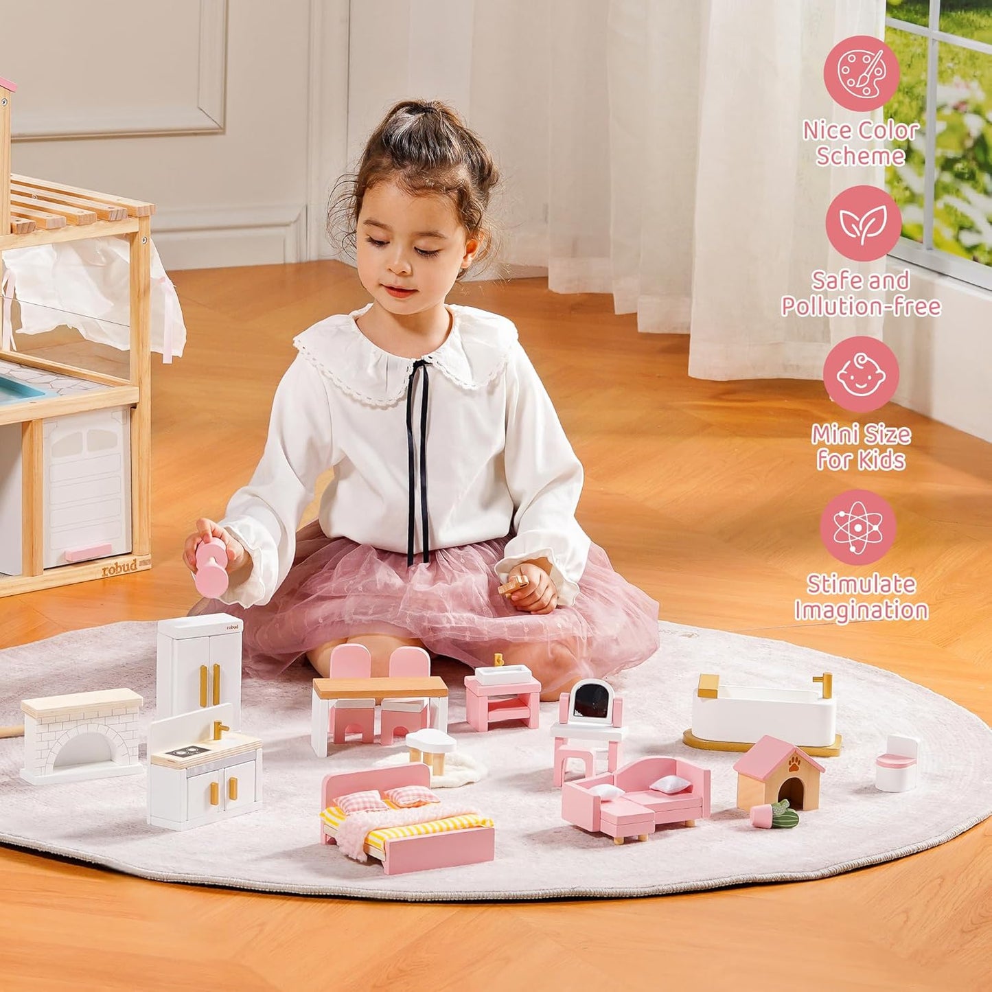 Puppenmöbel Set aus Holz, 28-teilig – Schlafzimmer, Küche, Bad & mehr