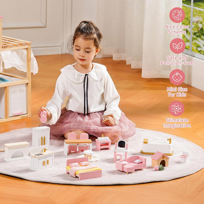 Puppenmöbel Set aus Holz, 28-teilig – Schlafzimmer, Küche, Bad & mehr