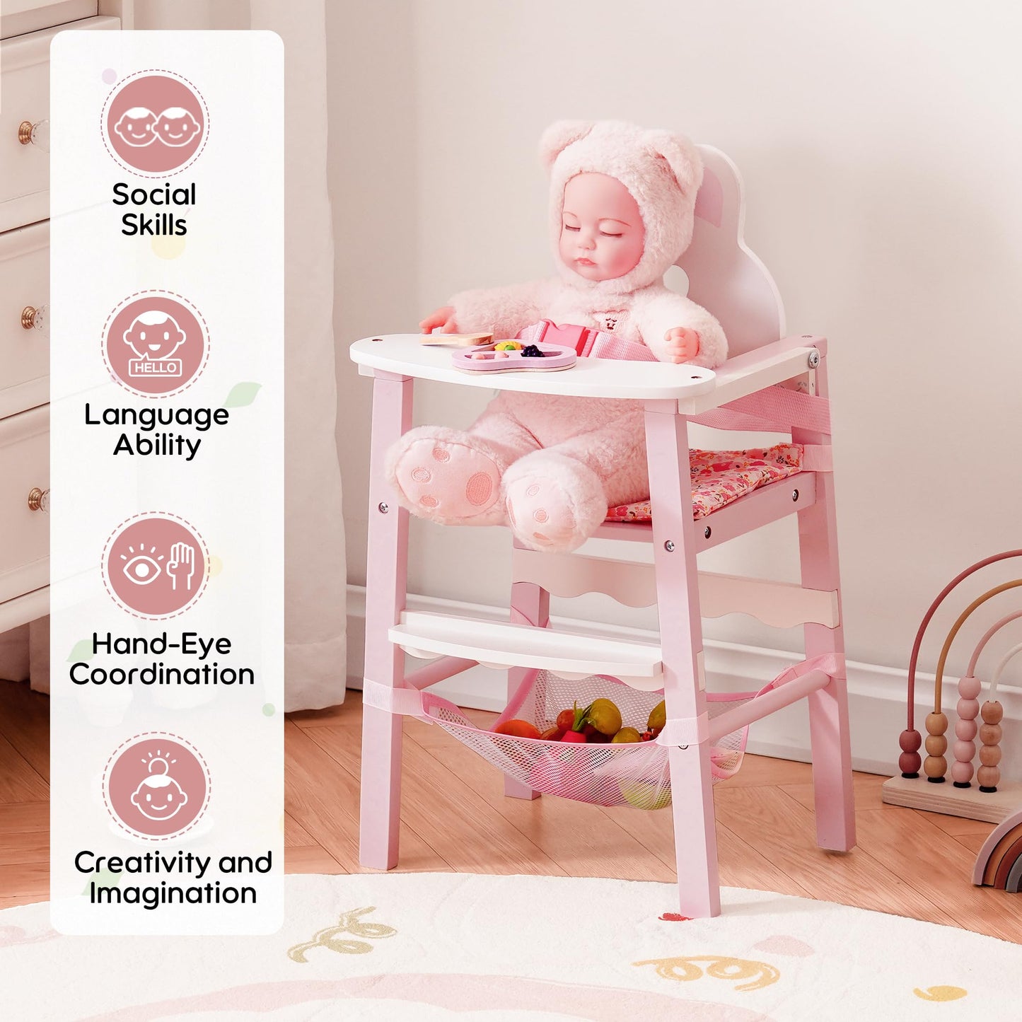 Puppenbett mit Kleiderschrank aus Holz – Spielmoebel fuer Puppen bis 55 cm