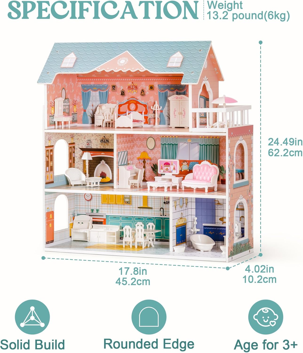 Maison de poupée princesse à 3 étages pour filles avec 28 meubles