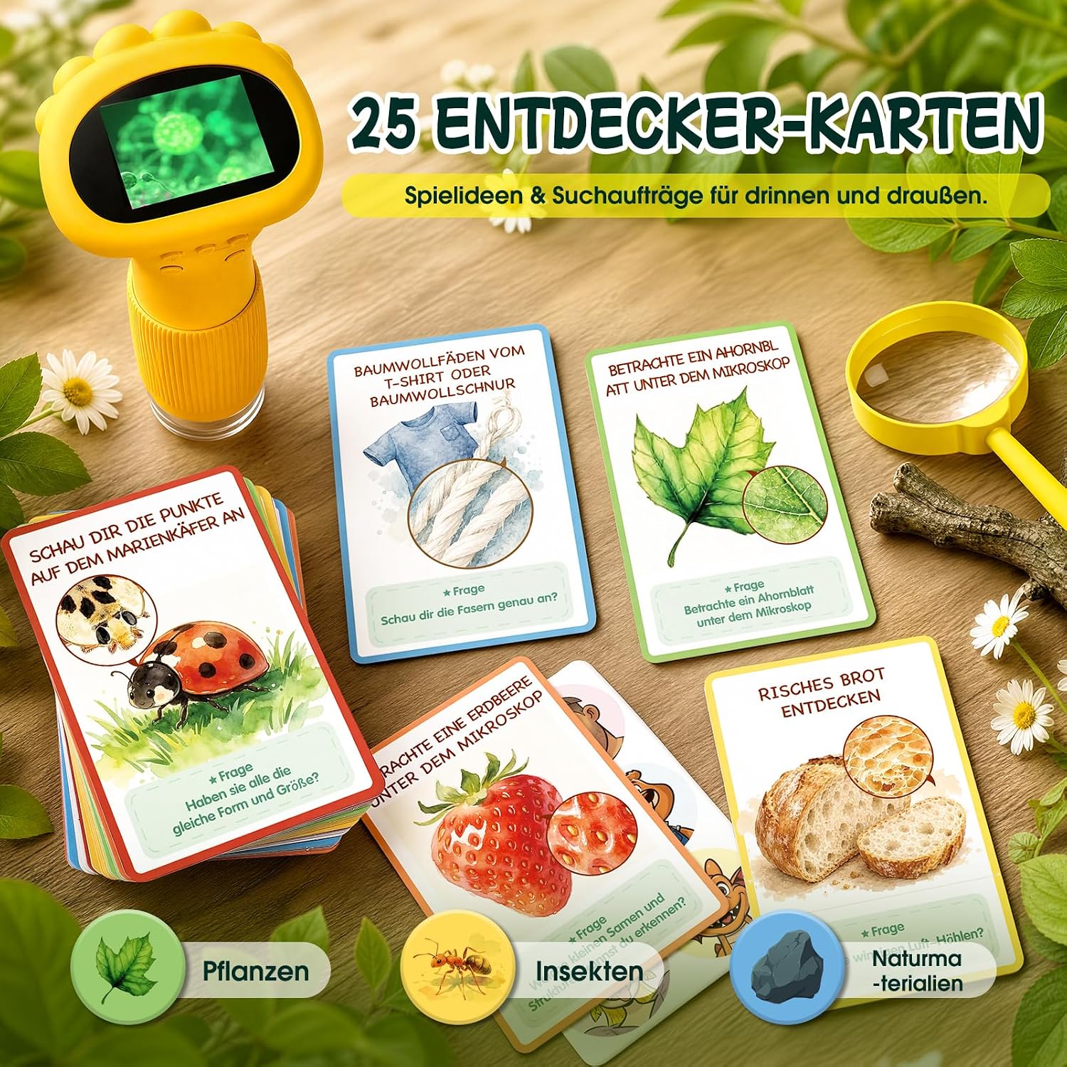 GeschenPark Digitales Mikroskop für Kinder mit 25 Entdeckerkarten, 1000X Vergrößerung, 2-Zoll-1080P-HD-Display, Spielzeug ab 3-12 Jahre Jungen Mädchen, Geschenk für Kinder