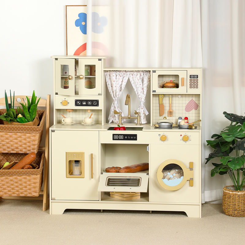 Wooden Play Kitchen with Stove, Oven & 14-Piece Accessories – Ages 3+