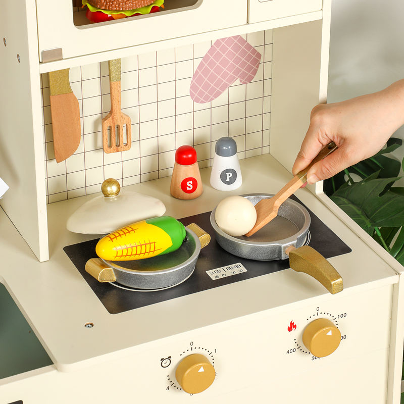 Wooden Play Kitchen with Stove, Oven & 14-Piece Accessories – Ages 3+