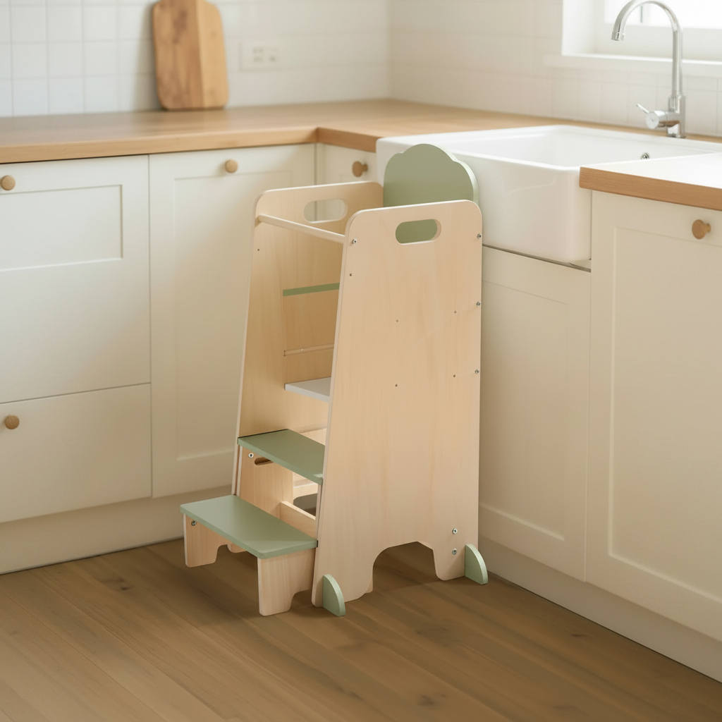 Kleinkind-Lernturm mit Tritthocker-Set aus Holz
