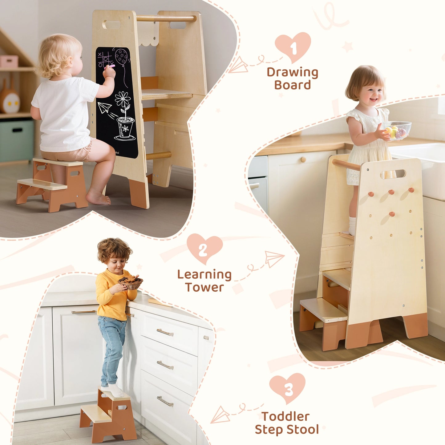 Kleinkind-Lernturm mit Tritthocker-Set aus Holz