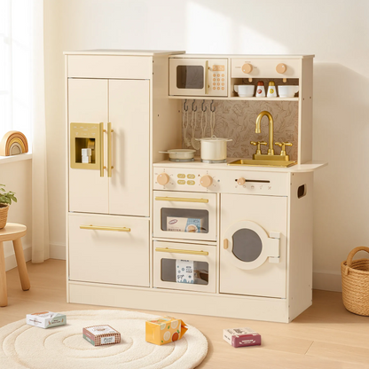 Spielküche aus Holz mit Blumenmuster